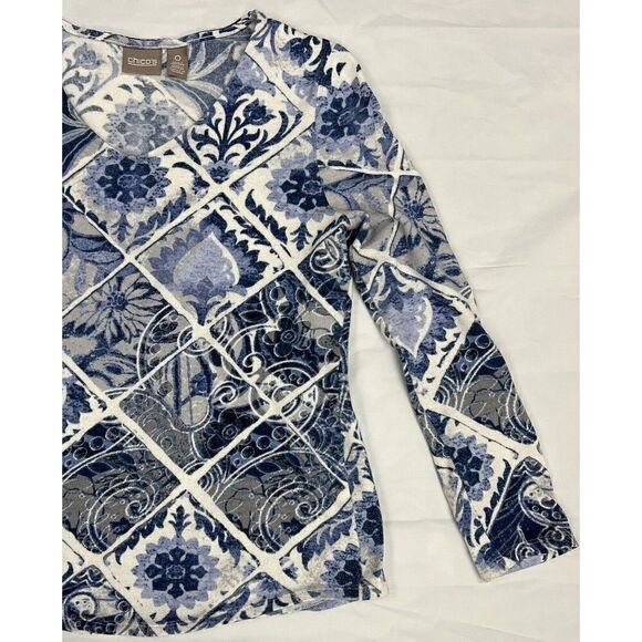 Chico's Victorian Annabel Tiles Top Size 0 - XS Blue & White Stretch - Picture 3 of 5